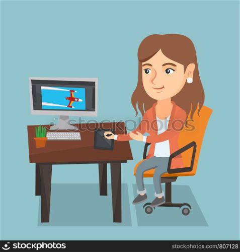 Caucasian graphic designer drawing on a graphics tablet. Young graphic designer using a digital graphics tablet, computer and pen. Vector cartoon illustration. Square layout.. Caucasian designer using digital graphics tablet.