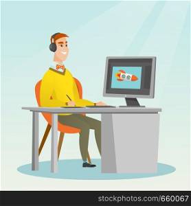 Caucasian graphic designer wearing headphones and drawing on graphics tablet. Young graphic designer using a digital graphics tablet, computer and pen. Vector cartoon illustration. Square layout.. Caucasian designer using digital graphics tablet.