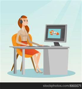 Caucasian graphic designer wearing headphones and drawing on graphics tablet. Young graphic designer using a digital graphics tablet, computer and pen. Vector cartoon illustration. Square layout.. Caucasian designer using digital graphics tablet.