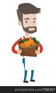 Caucasian greengrocer holding basket with oranges. Hipster greengrocer with the beard holding basket with fruits. Greengrocer at work. Vector flat design illustration isolated on white background.. Street seller with fruits and vegetables.