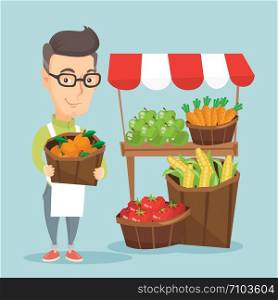 Caucasian greengrocer standing near stall with fruits and vegetables. Greengrocer standing near market stall. Greengrocer holding basket with fruits. Vector flat design illustration. Square layout.. Street seller with fruits and vegetables.