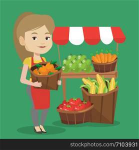 Caucasian greengrocer standing near stall with fruits and vegetables. Greengrocer standing near market stall. Greengrocer holding basket with fruits. Vector flat design illustration. Square layout.. Street seller with fruits and vegetables.