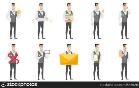Caucasian groom holding pile of folders and papers. Full length of smiling groom with folders. Young groom with folders and files. Set of vector flat design illustrations isolated on white background.. Vector set of illustrations with groom character.