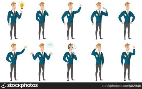 Caucasian groom singing to the microphone. Full length of young groom singing with closed eyes. Happy groom singing to the mic. Set of vector flat design illustrations isolated on white background.. Vector set of illustrations with groom character.