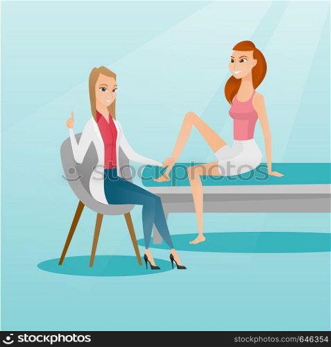 Caucasian gym doctor checking ankle of a patient. Physio therapist examining leg of a sports woman. Physio therapist giving a leg massage to a patient. Vector flat design illustration. Square layout.. Gym doctor checking ankle of a patient.