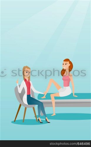 Caucasian gym doctor checking ankle of a patient. Physio therapist examining leg of a sports woman. Physio therapist giving a leg massage to a patient. Vector flat design illustration. Vertical layout. Gym doctor checking ankle of a patient.