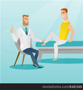 Caucasian gym doctor checking ankle of a patient. Physio therapist examining leg of a sportsman. Physio therapist giving a leg massage to a patient. Vector flat design illustration. Square layout.. Gym doctor checking ankle of a patient.