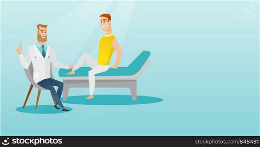 Caucasian gym doctor checking ankle of a patient. Physio therapist examining leg of a sportsman. Physio therapist giving a leg massage to a patient. Vector flat design illustration. Horizontal layout.. Gym doctor checking ankle of a patient.