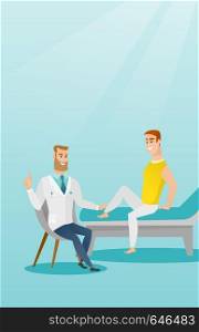 Caucasian gym doctor checking ankle of a patient. Physio therapist examining leg of a sportsman. Physio therapist giving a leg massage to a patient. Vector flat design illustration. Vertical layout.. Gym doctor checking ankle of a patient.