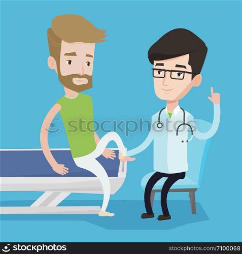 Caucasian gym doctor checking ankle of a patient. Physio therapist examining leg of hipster sportsman. Physio therapist giving a leg massage to patient. Vector flat design illustration. Square layout.. Gym doctor checking ankle of a patient.