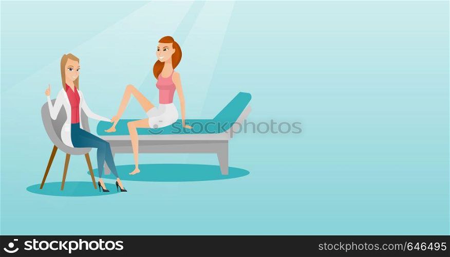 Caucasian gym doctor checking ankle of a patient. Physio therapist examining leg of sports woman. Physio therapist giving a leg massage to a patient. Vector flat design illustration. Horizontal layout. Gym doctor checking ankle of a patient.