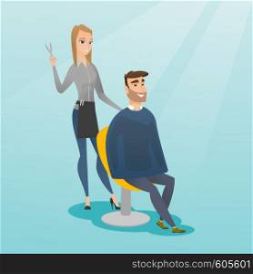 Caucasian hairdresser cutting hair of young hipster man with beard at barbershop. Hairdresser making haircut to a client with scissors in barbershop. Vector flat design illustration. Square layout.. Hairdresser making haircut to hipster man.
