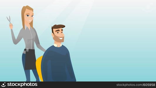 Caucasian hairdresser cutting hair of young hipster man with beard at barbershop. Hairdresser making haircut to a client with scissors in barbershop. Vector flat design illustration. Horizontal layout. Hairdresser making haircut to hipster man.