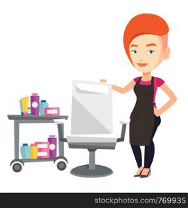 Caucasian hairdresser standing near armchair and table with cosmetics in barber shop. Hairdresser standing at workplace in barber shop. Vector flat design illustration isolated on white background.. Hairdresser at workplace in barber shop.