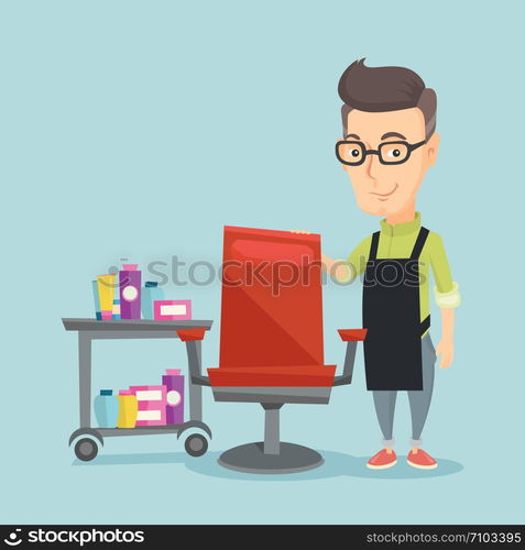 Caucasian hairdresser standing near armchair and table with cosmetics in beauty shop. Professional hairdresser standing at workplace in beauty salon. Vector flat design illustration. Square layout.. Hairdresser at workplace in beauty salon.