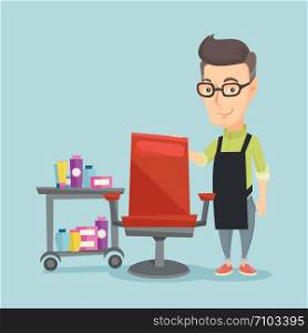 Caucasian hairdresser standing near armchair and table with cosmetics in beauty shop. Professional hairdresser standing at workplace in beauty salon. Vector flat design illustration. Square layout.. Hairdresser at workplace in beauty salon.
