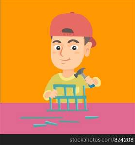 Caucasian happy boy playing with toy constructor and hammer. Little smiling boy repairing a toy with a hammer. Vector sketch cartoon illustration. Square layout.. Boy playing with toy constructor and hammer.