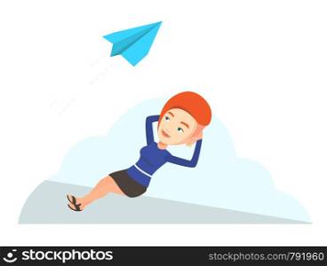 Caucasian happy business woman lying on a cloud and looking at flying paper plane. Young successful business woman relaxing on a cloud. Vector flat design illustration isolated on white background.. Business woman lying on cloud vector illustration.