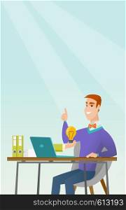 Caucasian happy businessman working on his laptop with business idea bulb. Cheerful businessman having business idea. Successful business idea concept. Vector flat design illustration. Vertical layout. Successful business idea vector illustration.