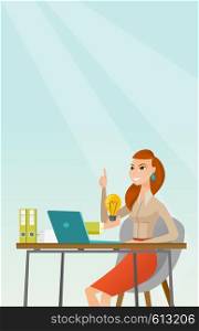 Caucasian happy businesswoman having a business idea. Young businesswoman working on laptop on a new business idea. Successful business idea concept. Vector flat design illustration. Vertical layout.. Successful business idea vector illustration.
