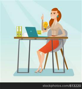 Caucasian happy businesswoman having a business idea. Young businesswoman working on laptop on a new business idea. Successful business idea concept. Vector flat design illustration. Square layout.. Successful business idea vector illustration.