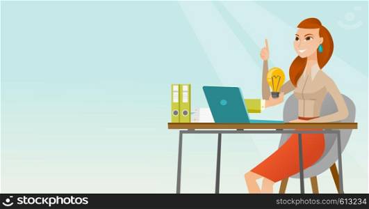Caucasian happy businesswoman having a business idea. Young businesswoman working on laptop on a new business idea. Successful business idea concept. Vector flat design illustration. Horizontal layout. Successful business idea vector illustration.