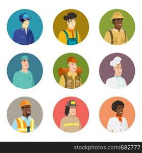 Caucasian happy chef-cooker in uniform. Avatar of happy chef-cooker. Set of character avatars of different professions. Vector flat design illustrations in the circle isolated on white background.. Vector set of characters of different professions.
