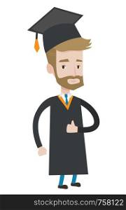Caucasian happy graduate in cloak and graduation cap. Hipster graduate with the beard giving thumb up. Joyful graduate celebrating. Vector flat design illustration isolated on white background.. Graduate giving thumb up vector illustration.
