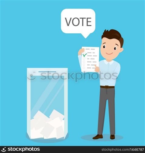 Caucasian happy guy with ballot list and speech bubble with vote text,glass ballot box,elections concept,flat vector illustration