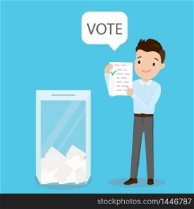 Caucasian happy guy with ballot list and speech bubble with vote text,glass ballot box,elections concept,flat vector illustration