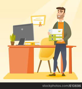 Caucasian happy hipster office worker holding pile of folders in office. Smiling office worker with documents. Joyful office worker standing in office. Vector flat design illustration. Square layout.. Office worker holding pile of folders.