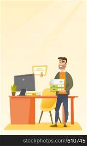 Caucasian happy hipster office worker holding pile of folders. Smiling office worker with documents. Young joyful office worker standing in office. Vector flat design illustration. Vertical layout.. Office worker holding pile of folders.