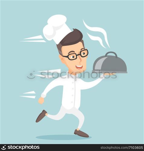 Caucasian happy male chef cook in a cap and white uniform running. Cheerful chef cook holding a cloche. Smiling chef cook fast running with a cloche. Vector flat design illustration. Square layout.. Running chef cook vector illustration.