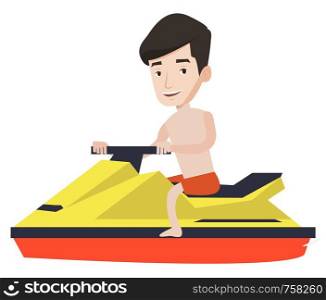 Caucasian happy man sitting on a water scooter. Young smiling man riding on a water scooter. Excited man training on a water scooter. Vector flat design illustration isolated on white background.. Caucasian man training on jet ski.