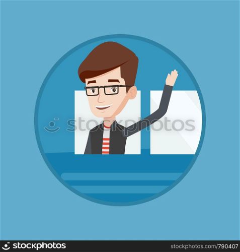 Caucasian happy man waving from bus. Passenger waving hand from bus window. Tourist peeking out of bus window and waving hand. Vector flat design illustration in the circle isolated on background.. Man waving hand from bus window.
