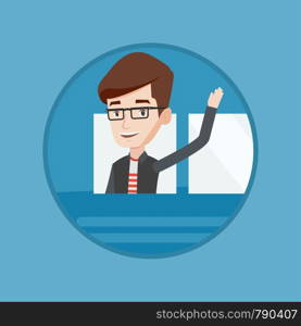 Caucasian happy man waving from bus. Passenger waving hand from bus window. Tourist peeking out of bus window and waving hand. Vector flat design illustration in the circle isolated on background.. Man waving hand from bus window.