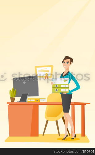 Caucasian happy office worker holding pile of folders in hands. Smiling office worker with documents. Full length of young joyful female office worker. Vector flat design illustration. Vertical layout. Office worker holding pile of folders.