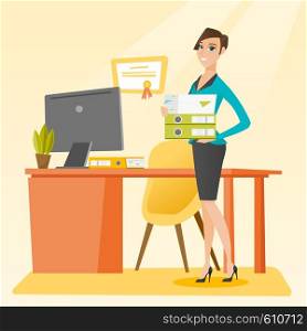 Caucasian happy office worker holding pile of folders in hands. Smiling office worker with documents. Full length of young joyful female office worker. Vector flat design illustration. Square layout.. Office worker holding pile of folders.