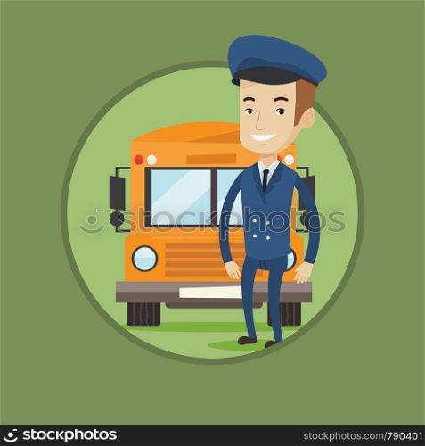 Caucasian happy school driver standing in front of yellow bus. Smiling school bus driver in uniform. Cheerful school bus driver. Vector flat design illustration in the circle isolated on background.. School bus driver vector illustration.