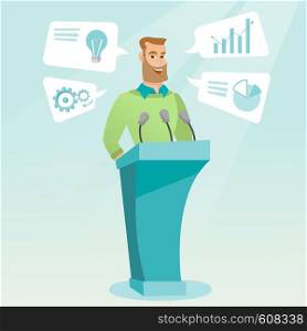 Caucasian happy speaker giving speech at podium with microphones at business conference. Smilig speaker giving a speech at podium at business seminar. Vector flat design illustration. Square layout.. Businessman giving speech at business seminar.