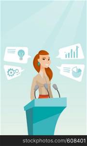 Caucasian happy speaker giving speech at podium with microphones at business conference. Smilig speaker giving a speech at podium at business seminar. Vector flat design illustration. Vertical layout.. Business woman giving speech at business seminar.