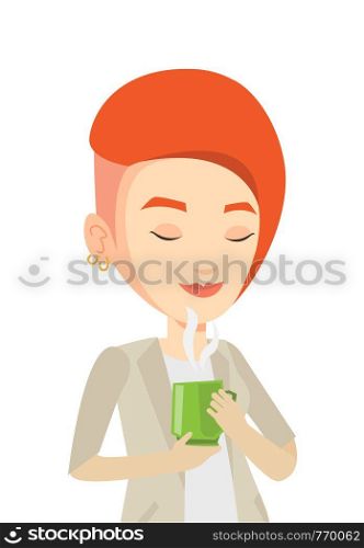 Caucasian happy woman drinking hot flavored coffee. Woman holding cup of coffee with steam. Woman with her eyes closed enjoying coffee. Vector flat design illustration isolated on white background.. Woman enjoying cup of coffee vector illustration