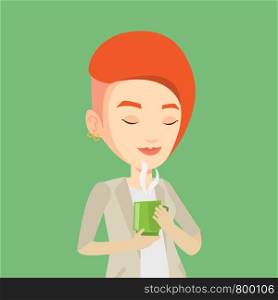 Caucasian happy woman drinking hot flavored coffee. Young smiling woman holding cup of coffee with steam. Woman with her eyes closed enjoying coffee. Vector flat design illustration. Square layout.. Woman enjoying cup of coffee vector illustration