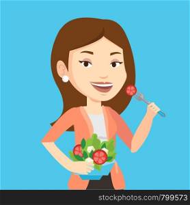 Caucasian happy woman eating healthy vegetable salad. Young woman enjoying fresh vegetable salad. Woman holding fork and bowl with vegetable salad. Vector flat design illustration. Square layout.. Woman eating healthy vegetable salad.