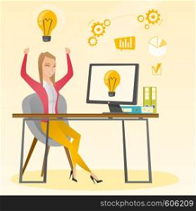 Caucasian happy woman having a business idea. Young cheerful businesswoman working on laptop on a new business idea. Successful business idea concept. Vector flat design illustration. Square layout.. Successful business idea vector illustration.
