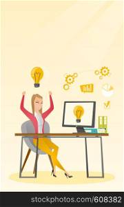 Caucasian happy woman having a business idea. Young cheerful businesswoman working on laptop on a new business idea. Successful business idea concept. Vector flat design illustration. Vertical layout.. Successful business idea vector illustration.