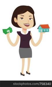 Caucasian happy woman having loan for house. Smiling woman got loan for buying a new house. Real estate loan concept. Vector flat design illustration isolated on white background.. Woman buying house thanks to loan.