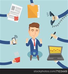 Caucasian hard working business man. Young business man surrounded by many hands that give him a lot of work. Concept of hard working. Vector flat design illustration. Square layout.. Business man meditating in lotus position.
