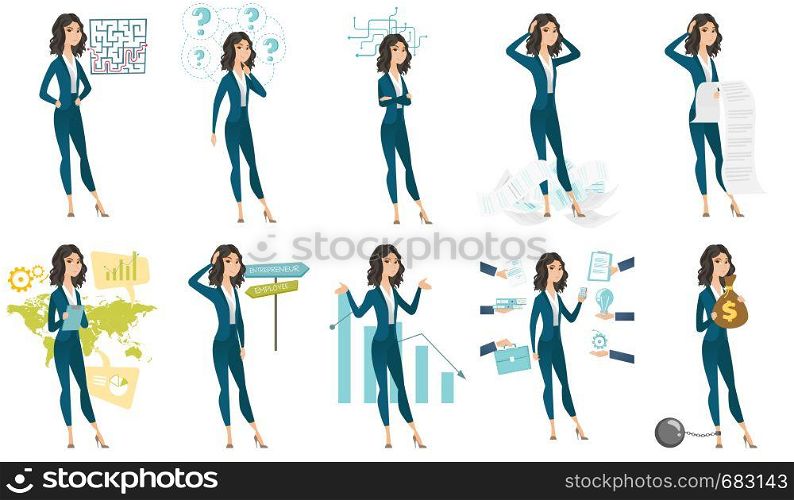 Caucasian hard working business woman. Businesswoman surrounded by many hands that give her a lot of work. Concept of hard working. Set of vector flat design illustrations isolated on white background. Vector set of illustrations with business people.