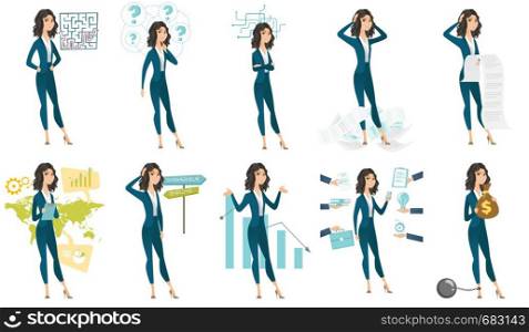 Caucasian hard working business woman. Businesswoman surrounded by many hands that give her a lot of work. Concept of hard working. Set of vector flat design illustrations isolated on white background. Vector set of illustrations with business people.